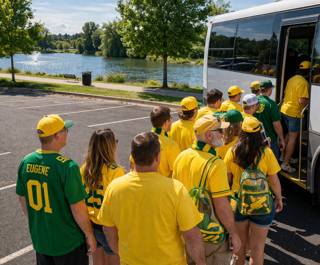 A group of baseball fans dressed in yellow and green gathers closely as they board a shuttle bus in a parking lot near water and trees.