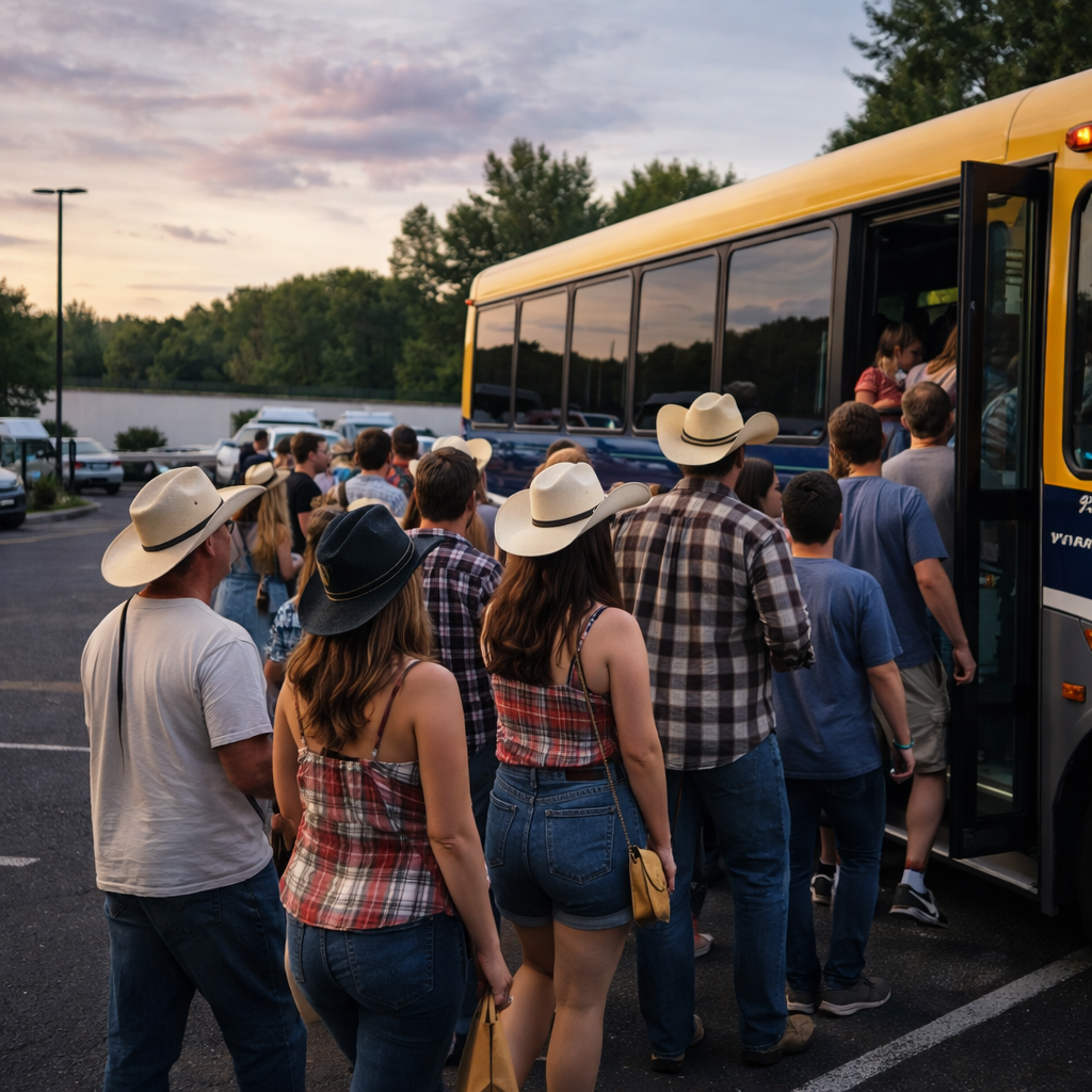 A group of concertgoers wearing casual clothing and cowboy hats boards a shuttle bus in a parking lot at sunset.