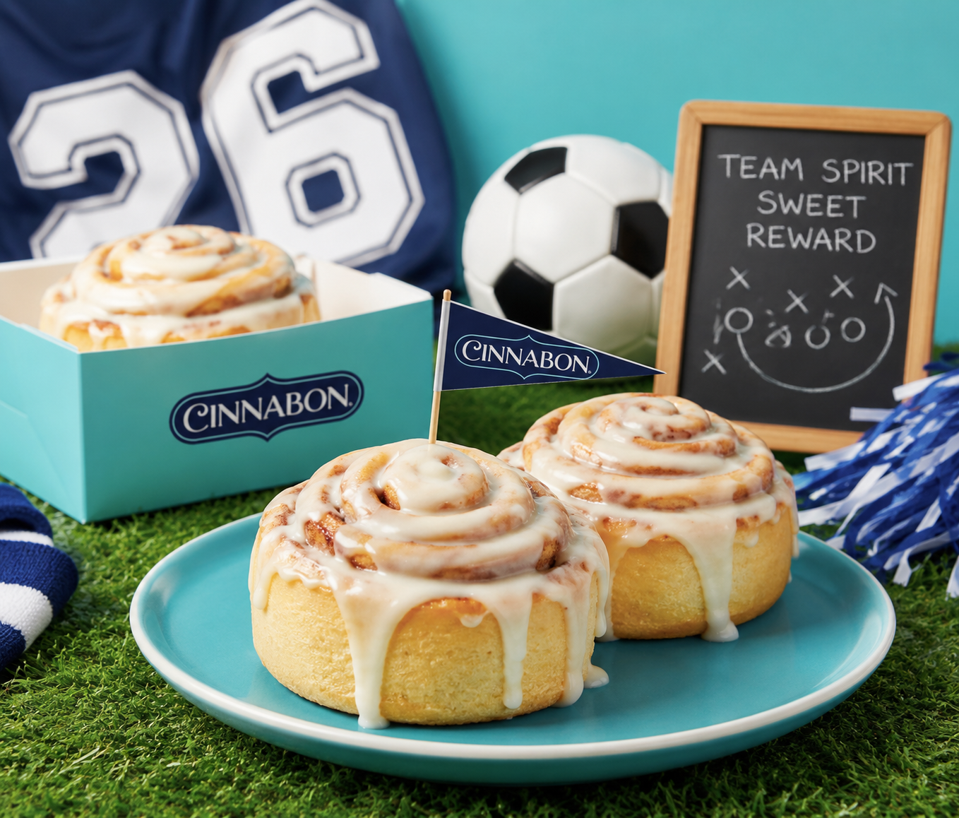Two cinnamon rolls are displayed with a soccer ball, sports jersey, and game-day accessories, representing a sports-themed bakery promotion.