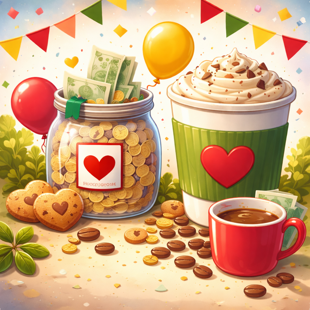 Illustration of two coffee drinks and a donation jar filled with coins and cash, decorated with heart symbols, representing a coffee fundraiser for charity.
