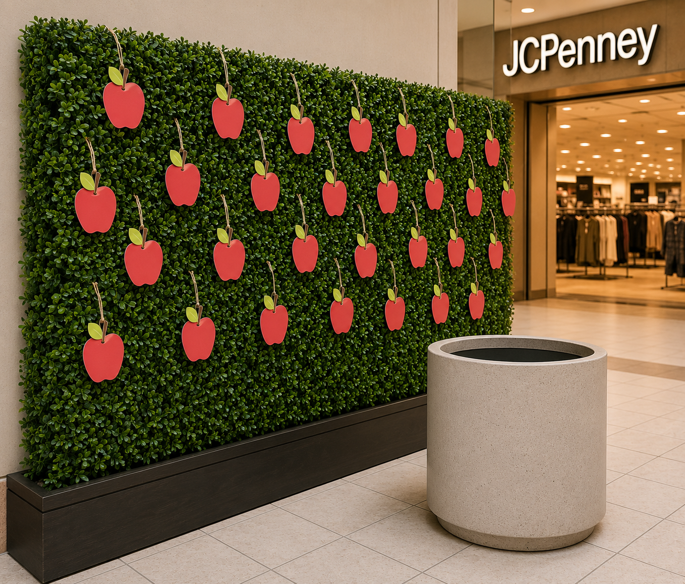 A green hedge display decorated with red apple-shaped donation tags stands inside Valley River Center near the JCPenney entrance. A round donation bin is positioned beside the hedge for clothing contributions.