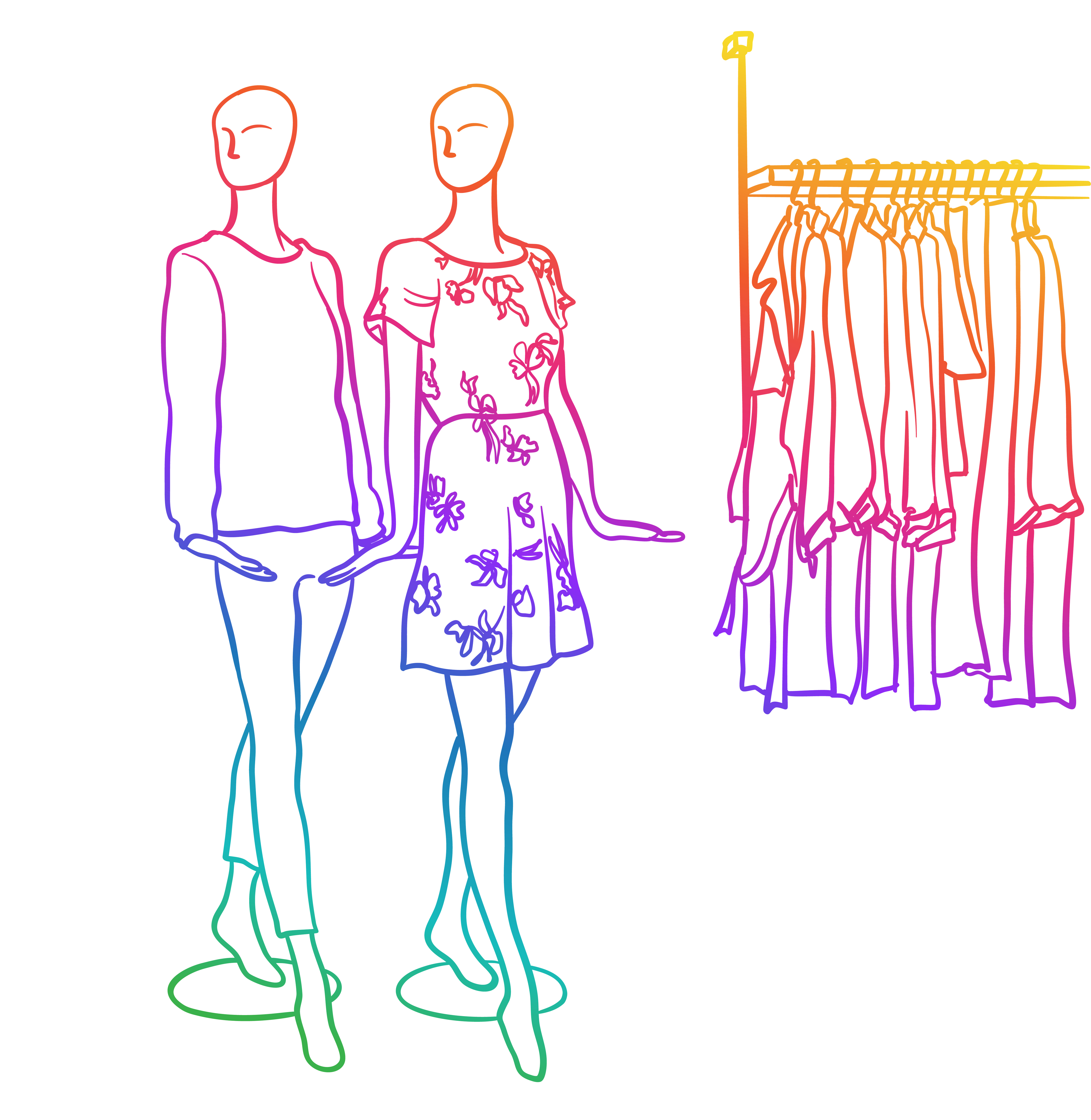 drawing of mannequins wearing colorful clothing