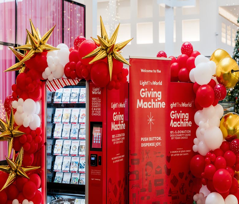 A close up of the different types of items inside of the giving machine that you can make a donation toward.