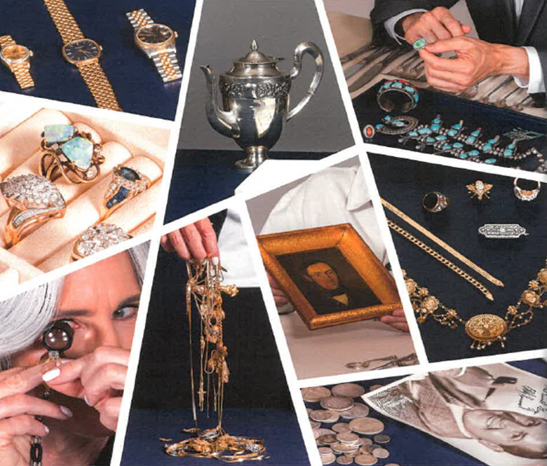 A collage of old jewelry, photos and collectibles made out of gold and other metals.