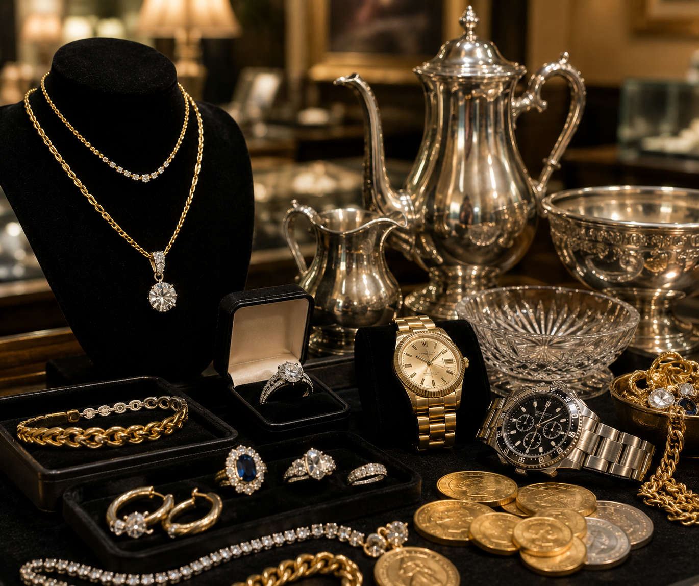 A display of fine jewelry, luxury watches, gold coins, and silver serving pieces arranged on a table in an elegant setting.