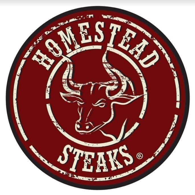 A round red circle with the word Homestead listed on top, and Steaks listed on bottom. A drawing of a bull in the middle of the circle.