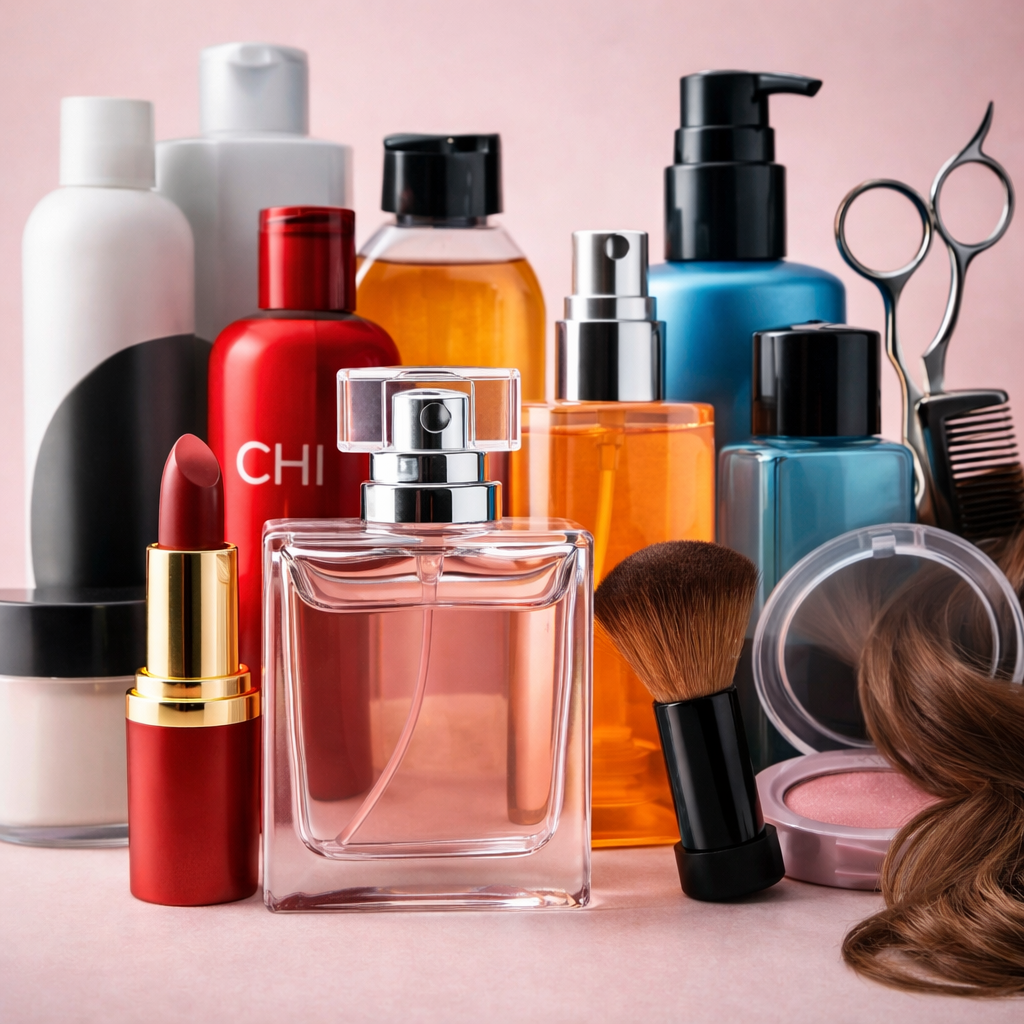A collection of beauty and salon products arranged on a soft pink background, including a perfume bottle, lipstick, makeup brush, haircare bottles, scissors, and styling products, representing cosmetics and salon services.