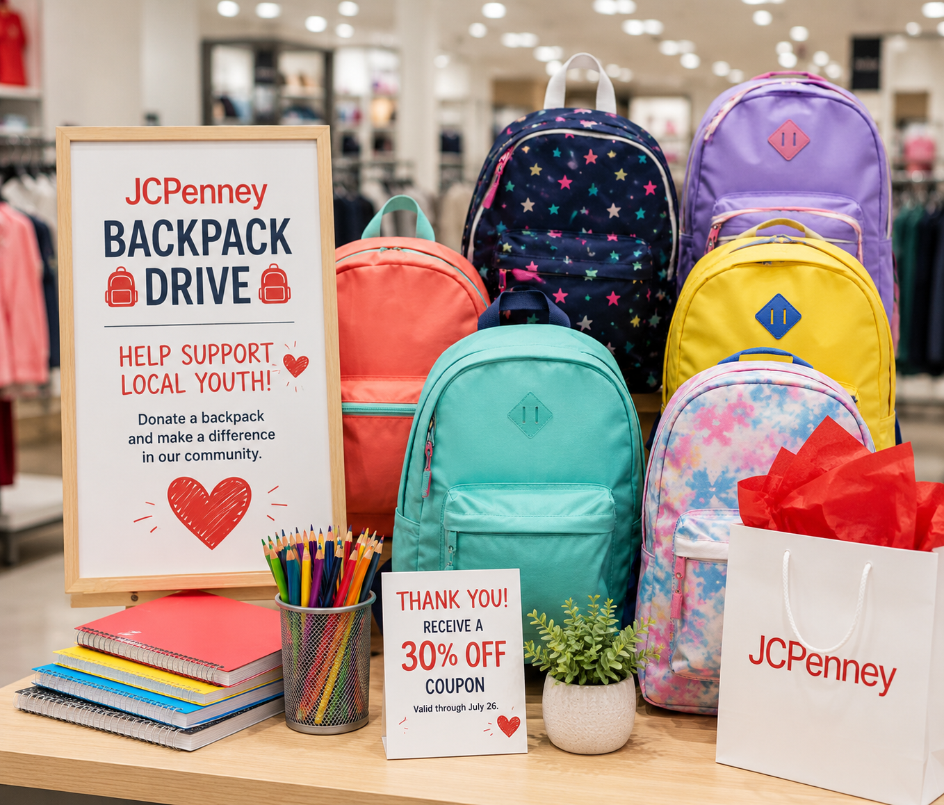 A display of colorful backpacks and school supplies arranged inside a retail store to represent a community backpack donation drive.