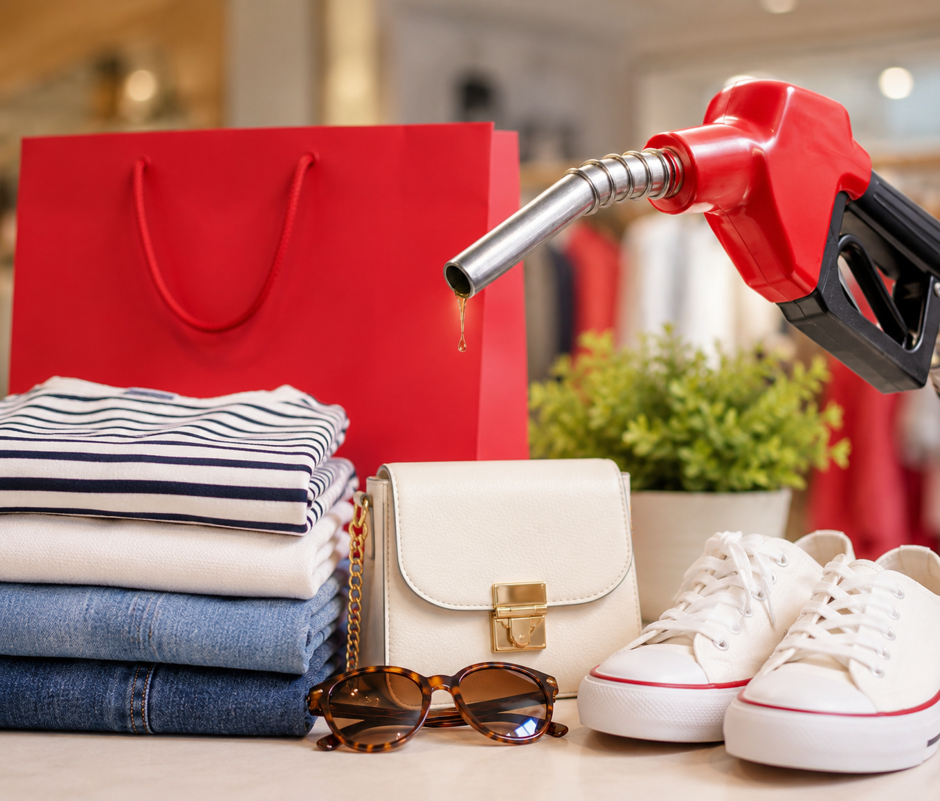 A shopping display featuring folded clothing, shoes, a handbag, shopping bag, and a gas pump nozzle representing savings on in-store purchases.