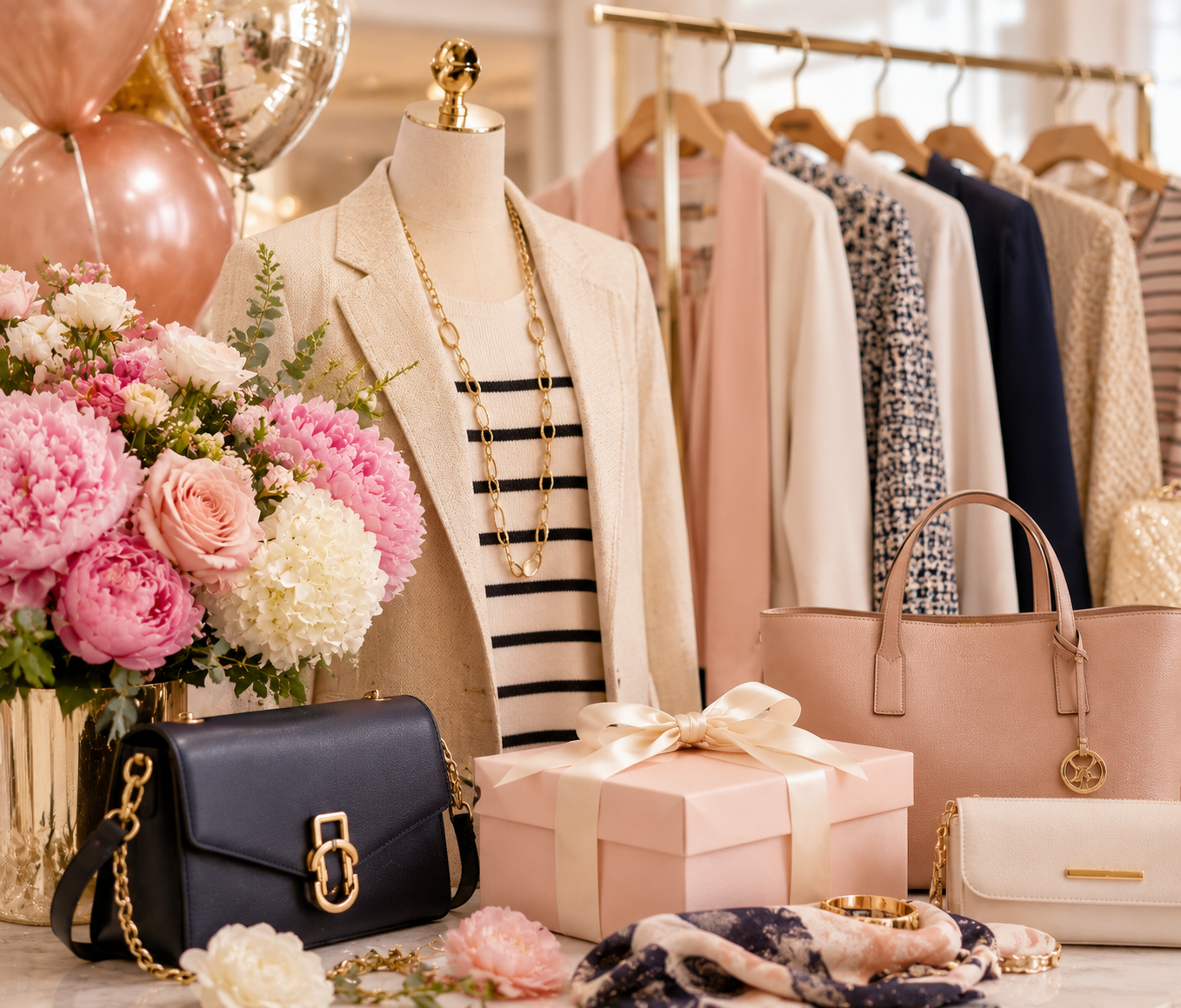 Fashion display featuring clothing, handbags, flowers, and gift boxes arranged in a boutique-style setting.