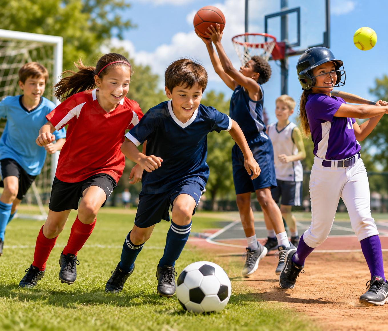 Children participating in youth sports activities including soccer, basketball, and softball on a sunny day.