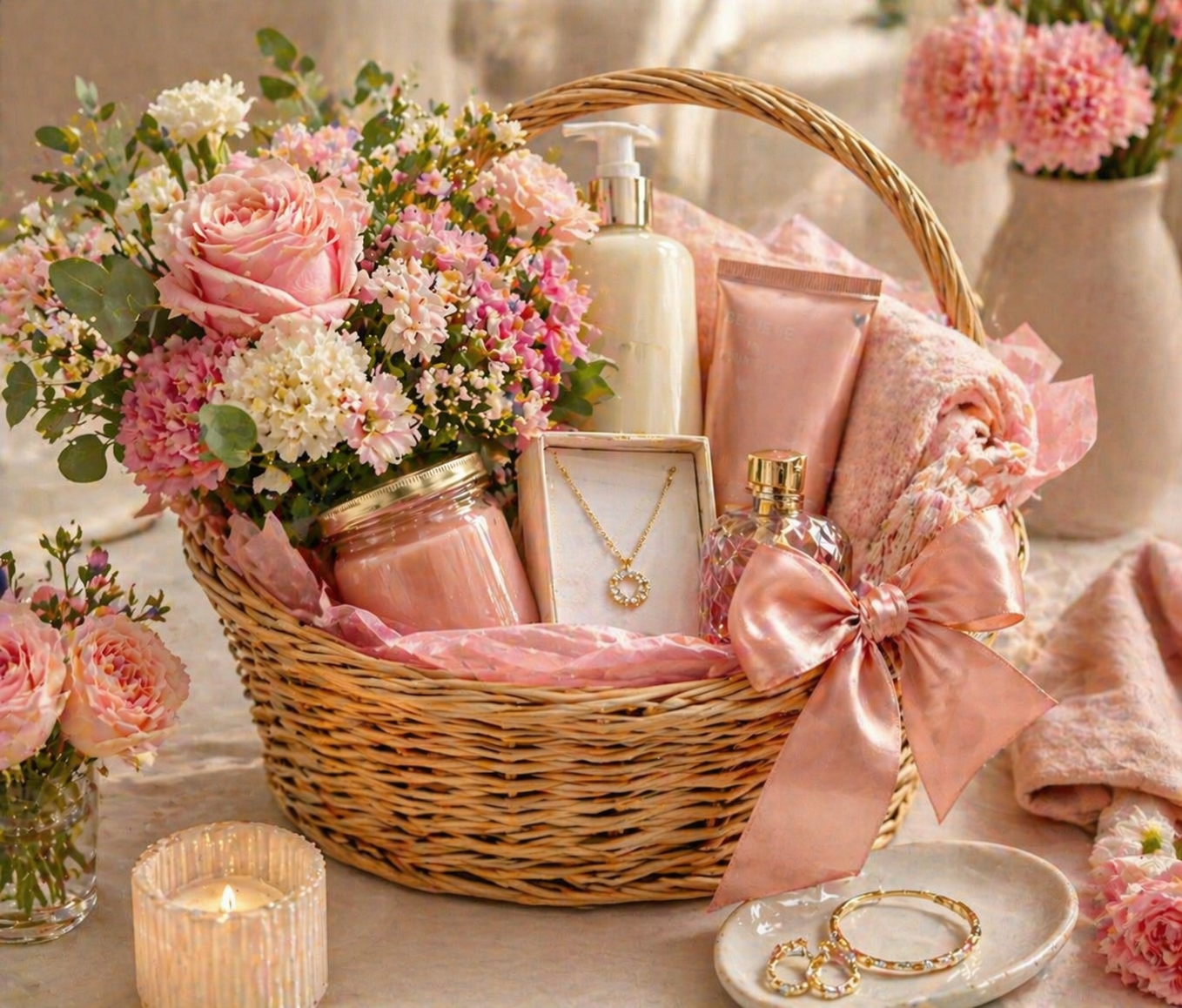 A gift basket filled with flowers, beauty products, and jewelry arranged on a table with soft pastel decor.