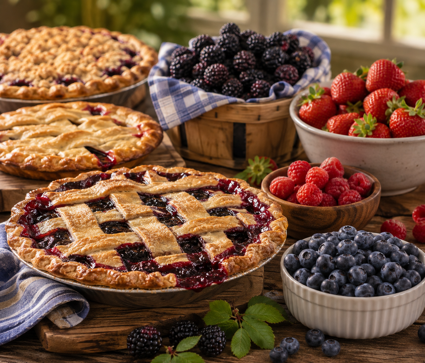 Fresh berry pies and bowls of blueberries, strawberries, raspberries, and blackberries are displayed on a rustic wooden table.
