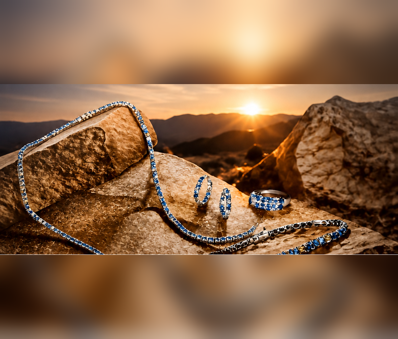 Blue gemstone jewelry is displayed on textured rocks against a warm mountain sunset.