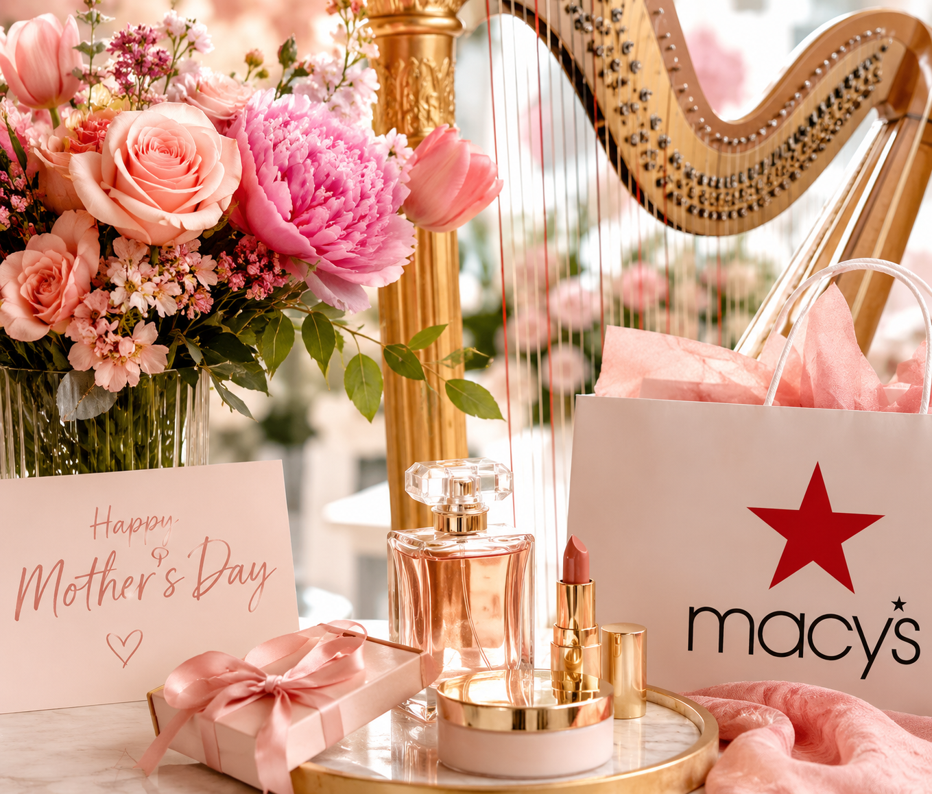 A floral arrangement with beauty products, gift boxes, and a harp displayed in a soft pink and gold setting.