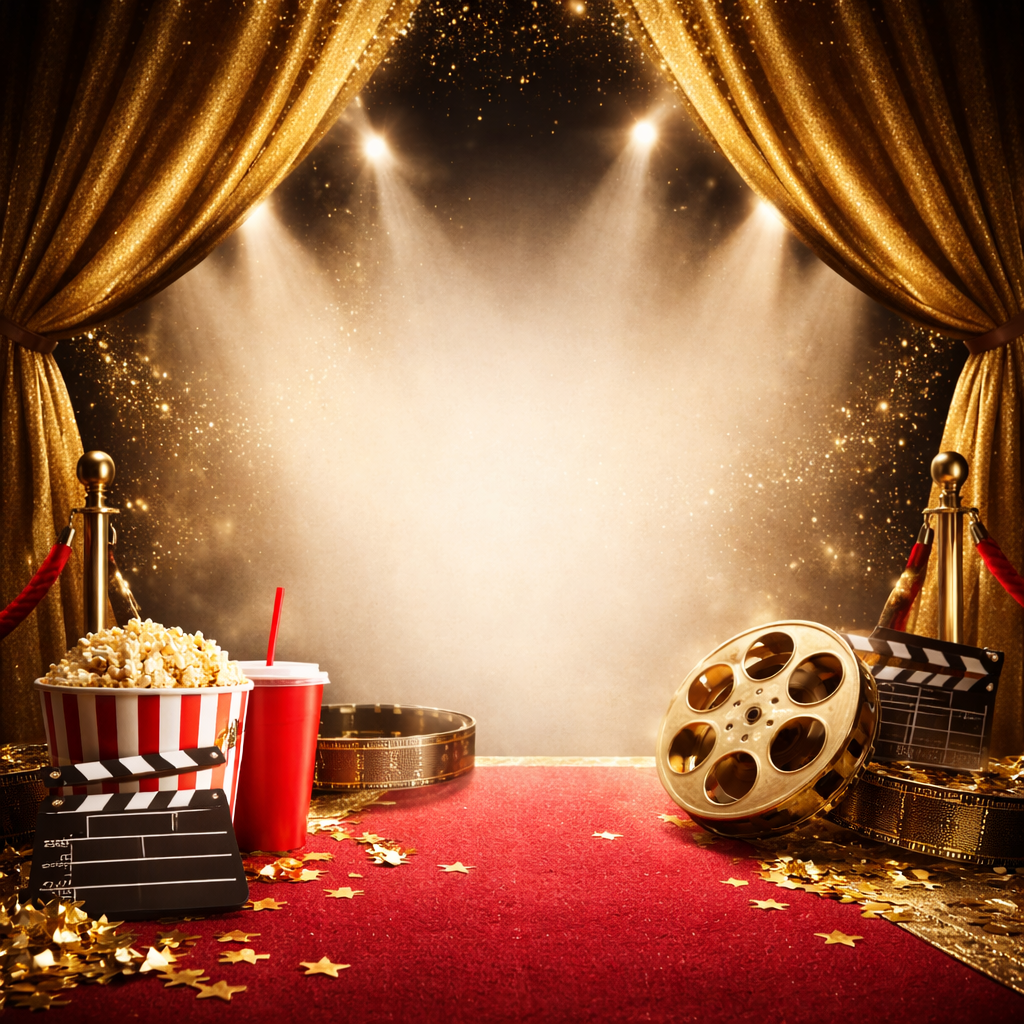 Red carpet scene with gold theater curtains, bright stage lights, popcorn, soda, a film reel, and a movie clapperboard arranged around a spotlighted stage area.
