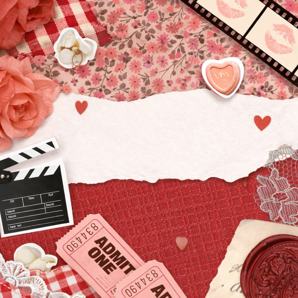 Romantic movie-themed background featuring roses, hearts, popcorn, film strips, and cinema tickets arranged on layered red and pink textured paper.