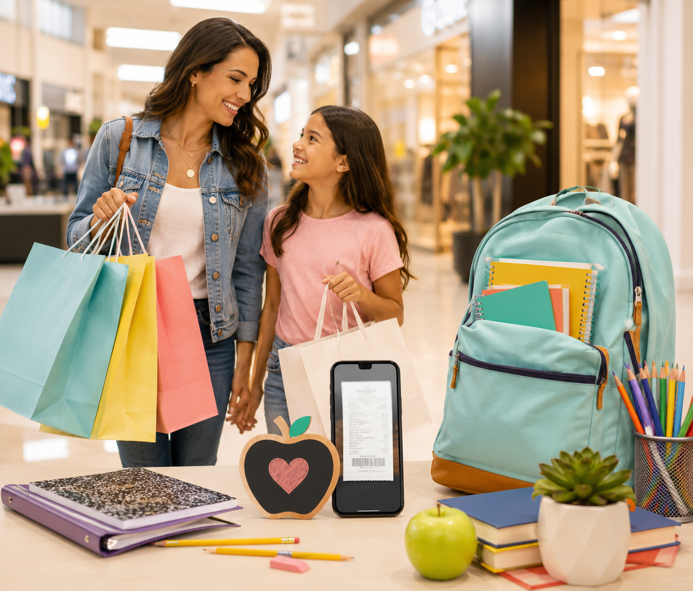 A parent and child carrying shopping bags walk through a shopping center near a display of school supplies and a backpack.
