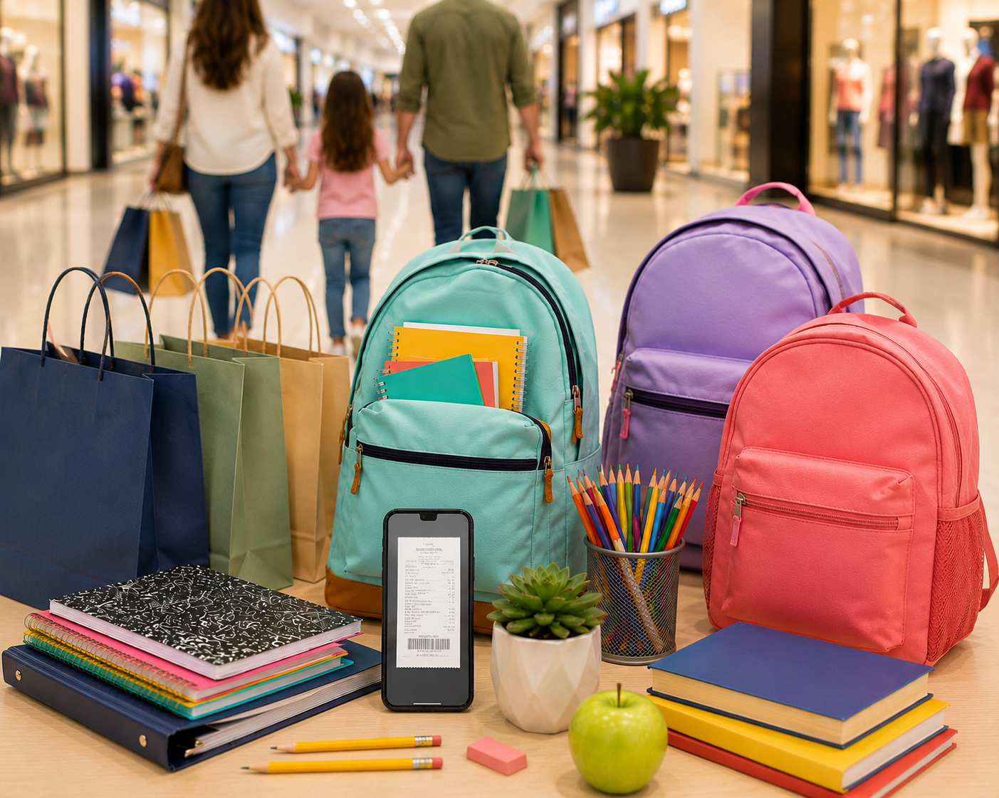 A display of colorful backpacks and school supplies sits in the foreground while a family carrying shopping bags walks through a shopping center in the background.