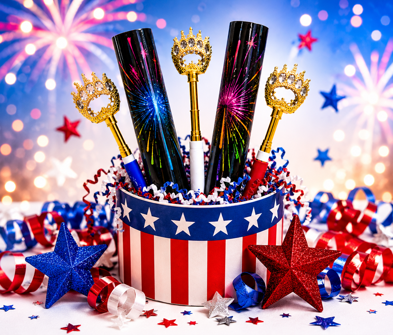 A patriotic display of glow stick packs, novelty bear claw back scratchers, and festive decorations arranged in a red, white, and blue container.