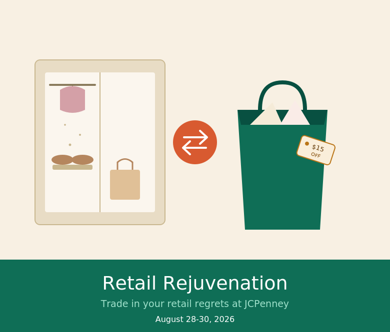 Closet items exchanging for a JCPenney shopping bag with a $15 off coupon, promoting the Retail Rejuvenation trade-in event.