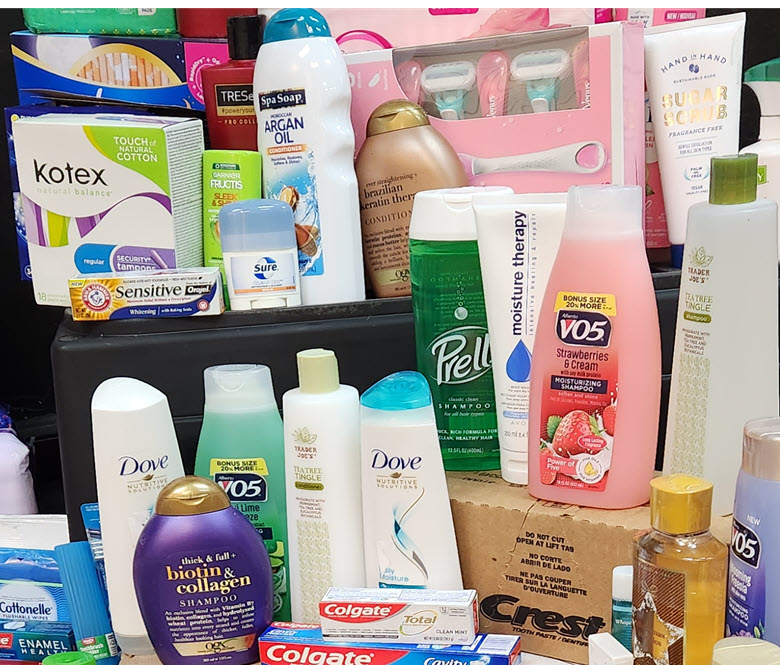 an assortment of bottles of shampoo, conditioner, toothpaste, deodorant, and other feminine hygiene products.