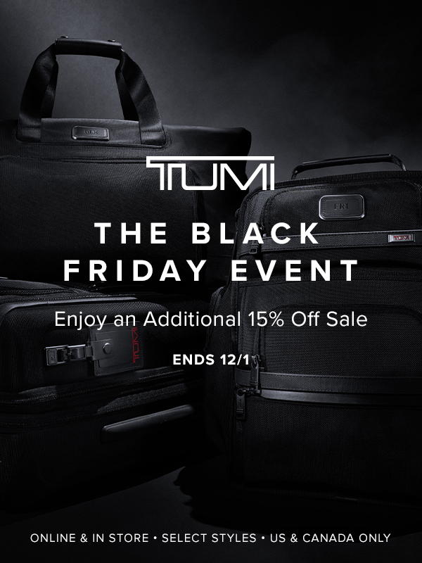 Tumi luggage on a black background with 15% off written across the flyer