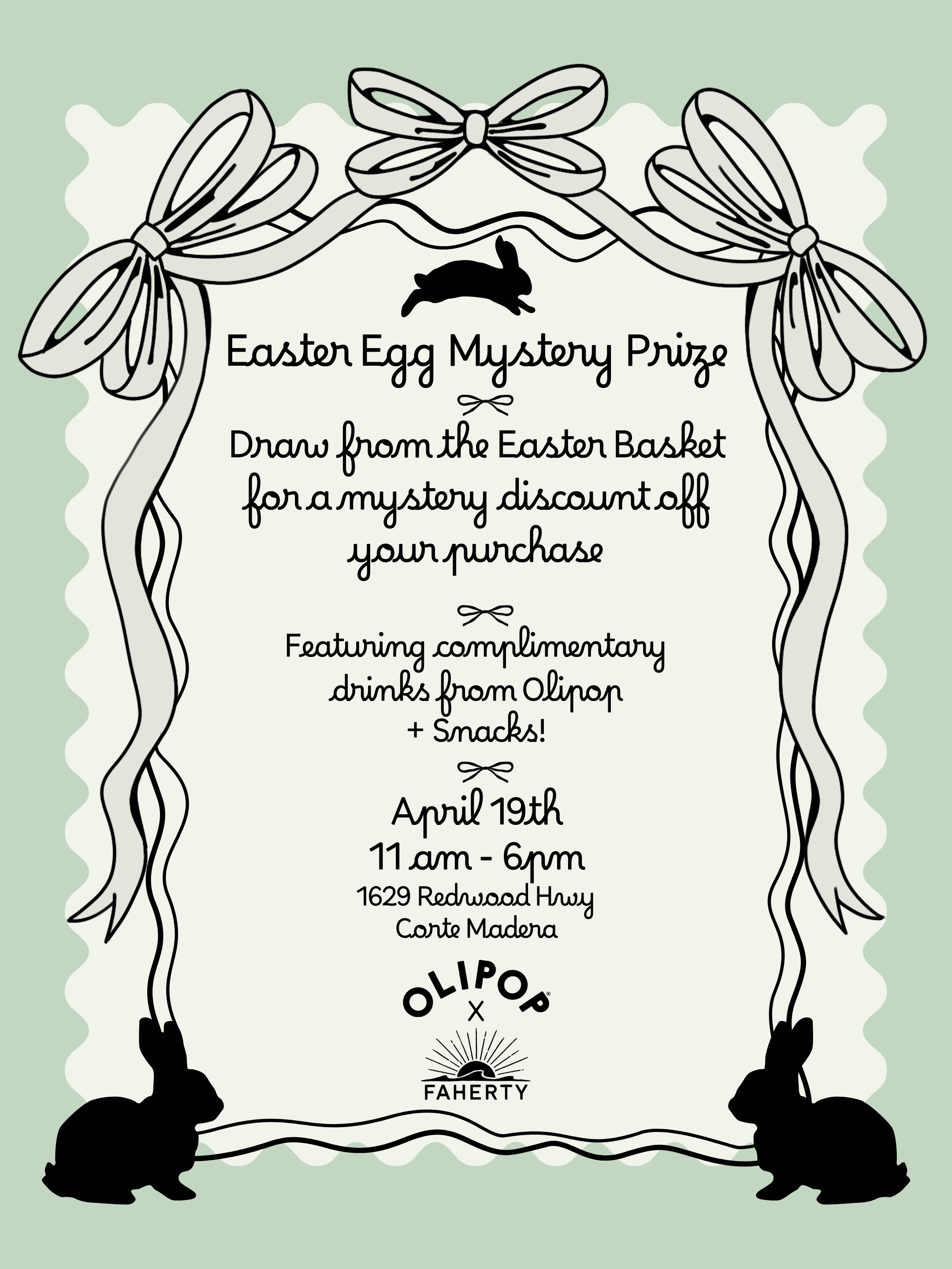 A flyer with easter bunnies and a ribbon border promoting the Easter egg discount prize event