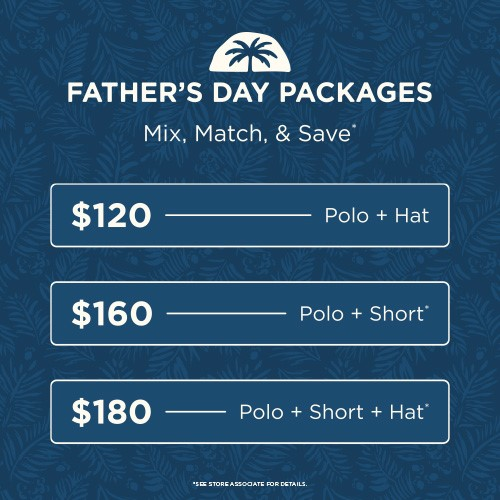 An image of the TravisMathew Father's Day mix and match packages; polo + hat. polo + short, polo + short + hat