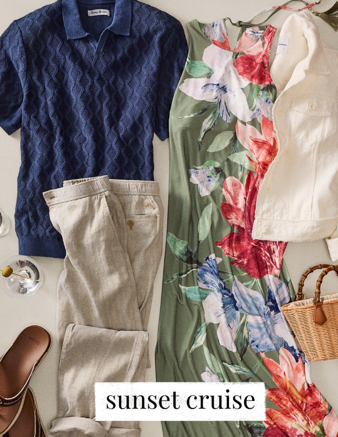 An array of Tommy Bahama fashions including pants, shirts and a dress
