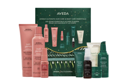 An array of Aveda products including; shampoo, conditioner, serum, hand relief