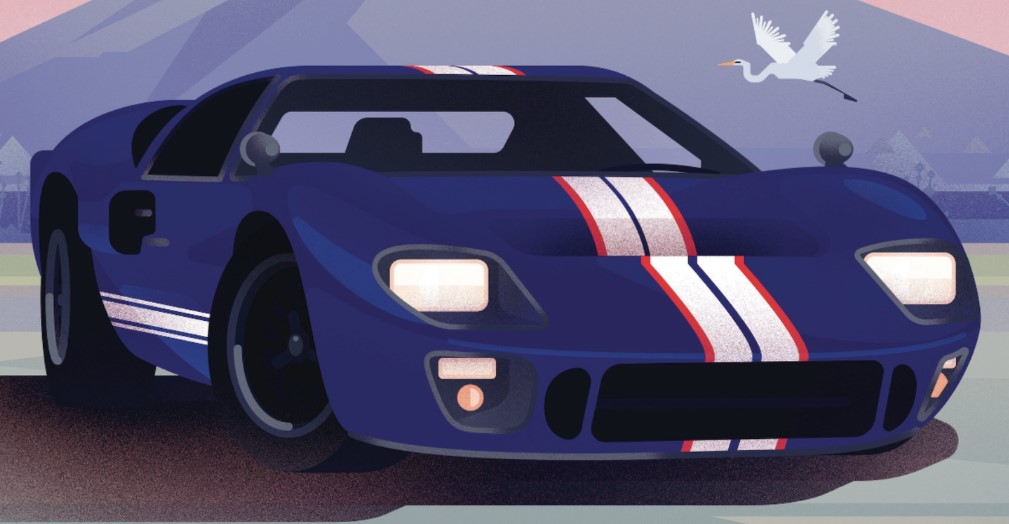 A rendering of a blue vintage car with white stripes down the hood promoting the EV and car show