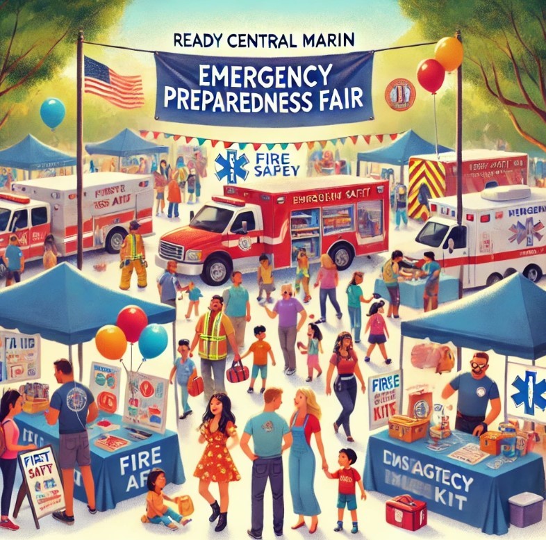 A colorful flyer promoting the Ready Central Marin Emergency Preparedness Fair showing attendees and vendor booths