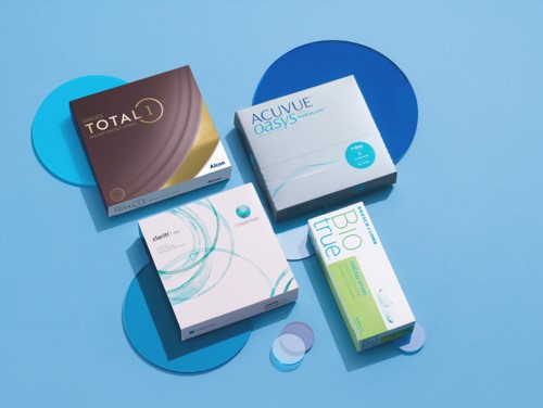 Boxes of contact lens brands including Acuvue, Total 1 and Bio True