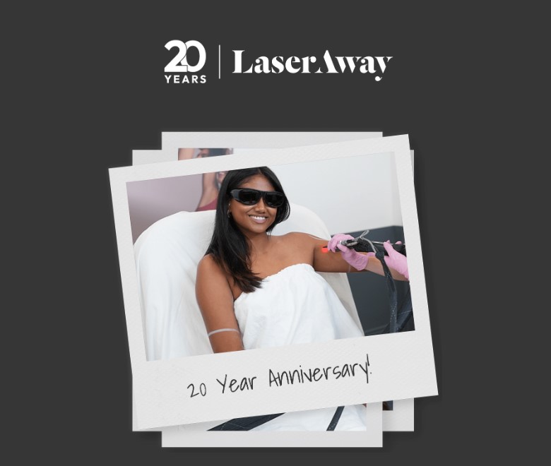 A woman in a towel robe getting a laser treatment, promoting LaserAway's 20th year anniversary