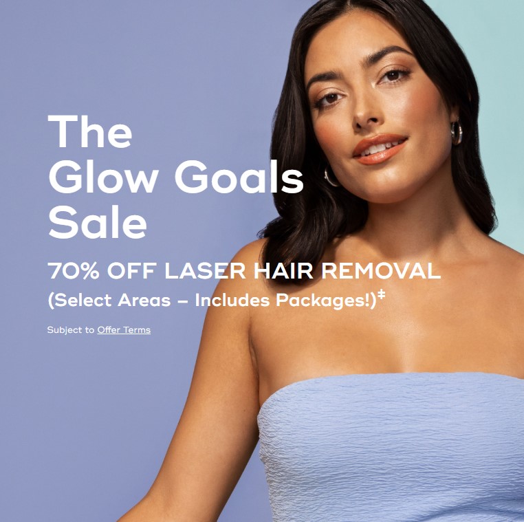 Brunette woman wearing a strapless lavendar top promoting Laser Away's Glow Goals Sale