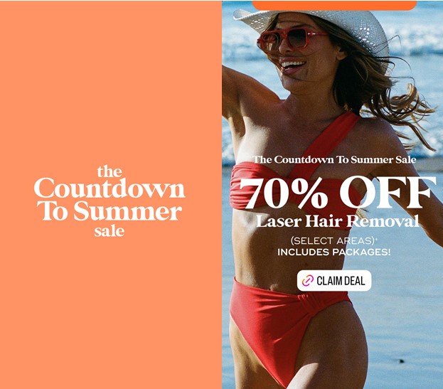 A woman in a red bikini running on the beach holding her hat promoting Laser Away's Summer Sale
