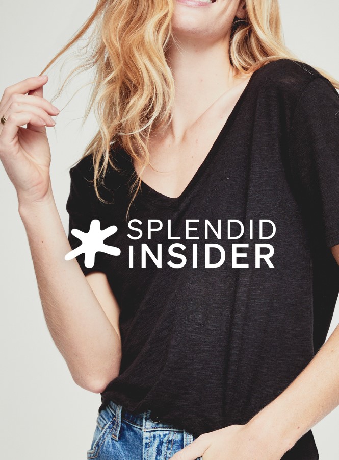Blond woman wearing a black t-shirt and jeans promoting the new Splendid Insider Loyalty Program