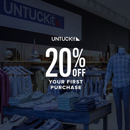 Image showing 20% off your first purchase offer at UNTUCKit against a blue background