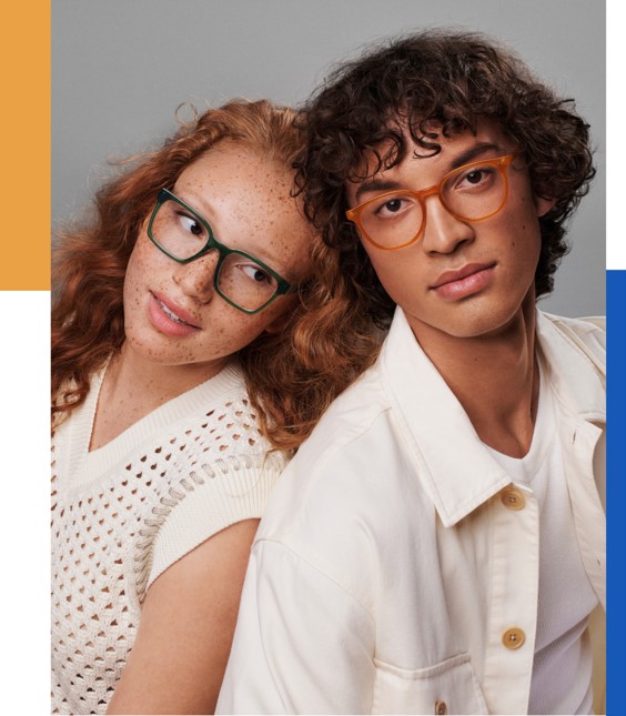 A young woman and young man wearing glasses from Warby Parker