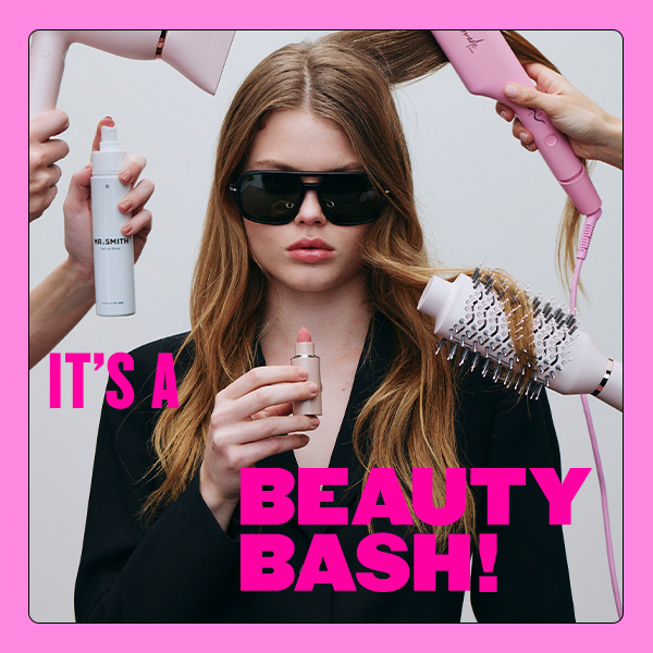 An image of a model holding a lipstick and having her hair done "Its a Beauty Bash"