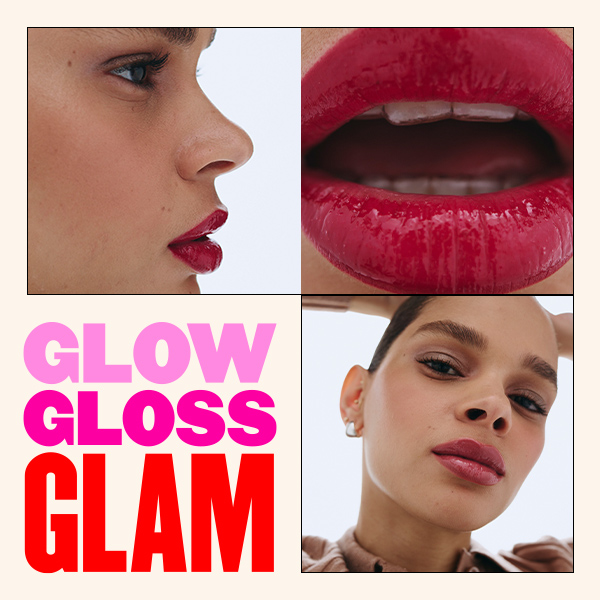 A four square image Gloss Up Glam with a model wearing makeup