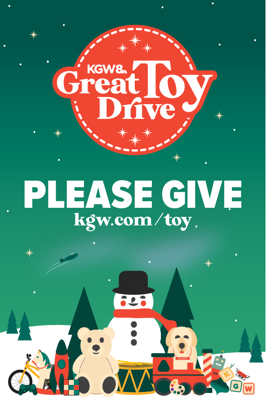 KGW Great Toy Drive: Please Give kgw.com/toy along with a cartoon drawing of a snowman, and holiday toys