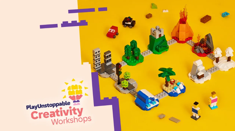 PlayUnstoppable Creativity Workshops at LEGO. Picture of a small city build with trees and buildings and Lego people