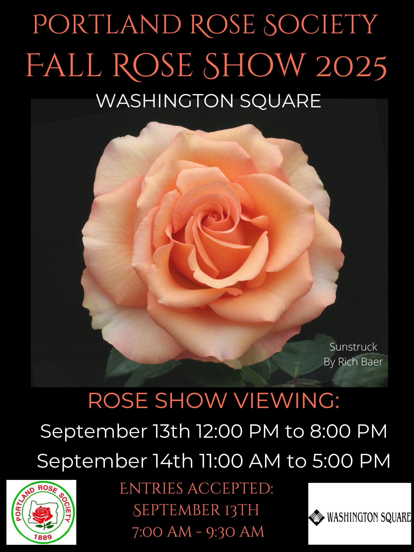 Portland Rose Society Fall Show 2025
Washington Square
Picture of Sunstruck Rose by Rich Baer
Rose Show viewing:
Saturday, September 13 from 12 to 8 PM
Sunday, September 14 from 11 AM to 5 PM.
Entries into the show will be accepted on September 13 from 7 to 9:30 AM.