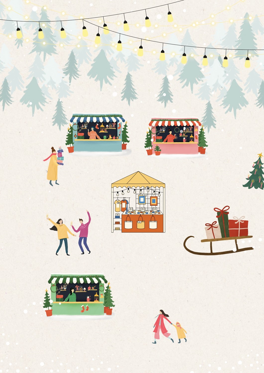 An illustrated drawing of a winter village with craft vendors and happy people