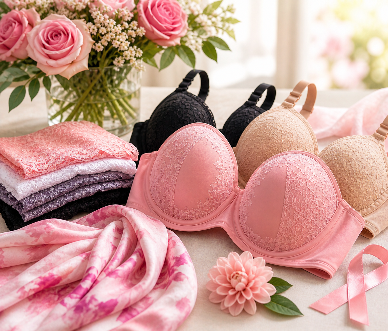 A display of lingerie, folded garments, and pink flowers arranged on a table in soft, neutral tones.