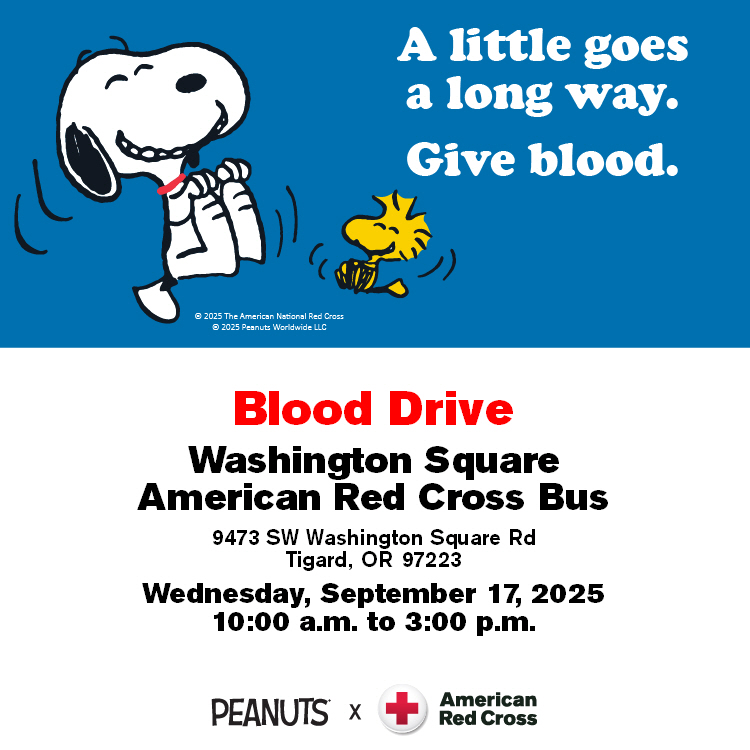 An image of Snoopy and Woodstock promoting the Red Cross Blood Drive at Washington Square Wednesday, September 17 from 10:00 AM to 3:00 PM