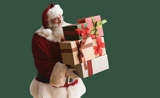 Santa clause holding five presents
