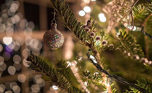 An ornament on a lit Christmas tree.